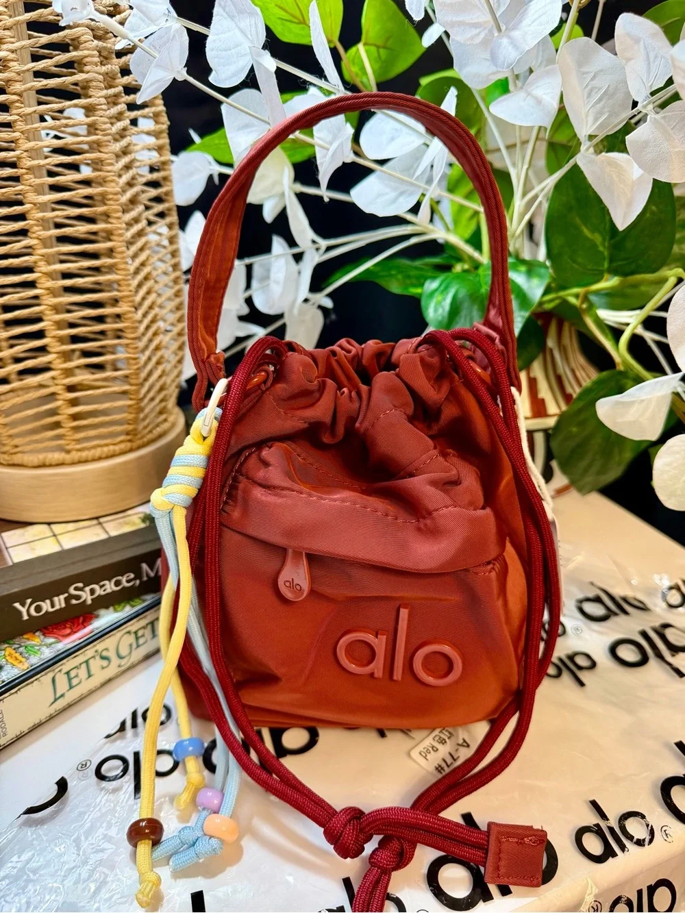 ALO Yoga Burgundy  Drawstring Mini Bucket Bag with Multicolor Cord Tassels